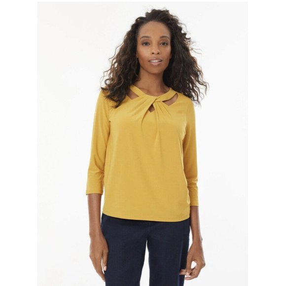 Kasper Yellow 3/4-Sleeve Twist-Neck Blouse Top Marigold Size PS - Picture 1 of 7